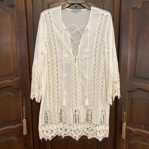 Boho white lace up tunic w tassels crochet lace & embroidery cotton